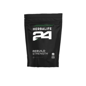 Herbalife 24 Rebuild Strength -tuotepakkaus mustalla taustalla.